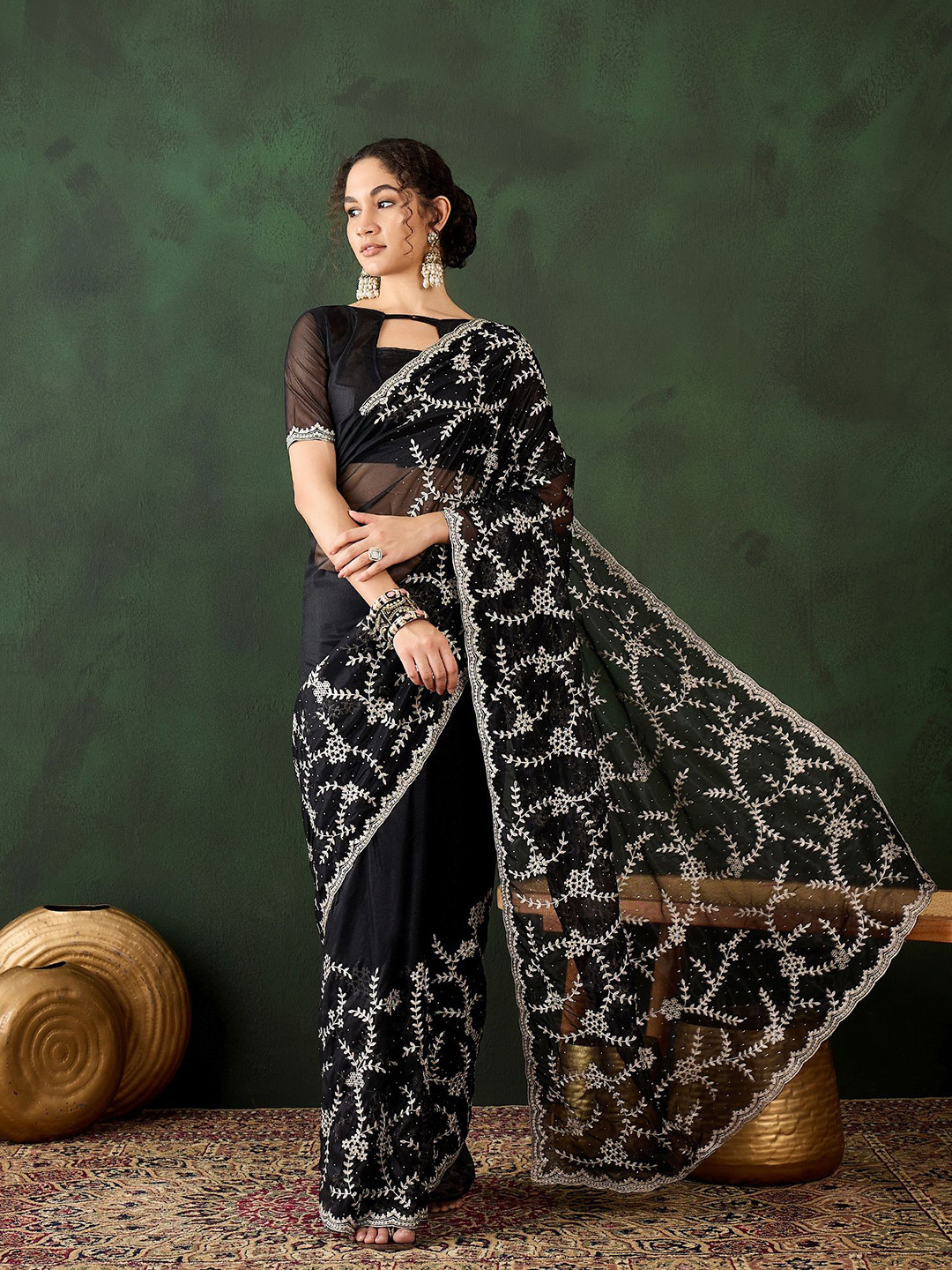 

MANVAA Floral Embroidered Silk Cotton Saree, Black