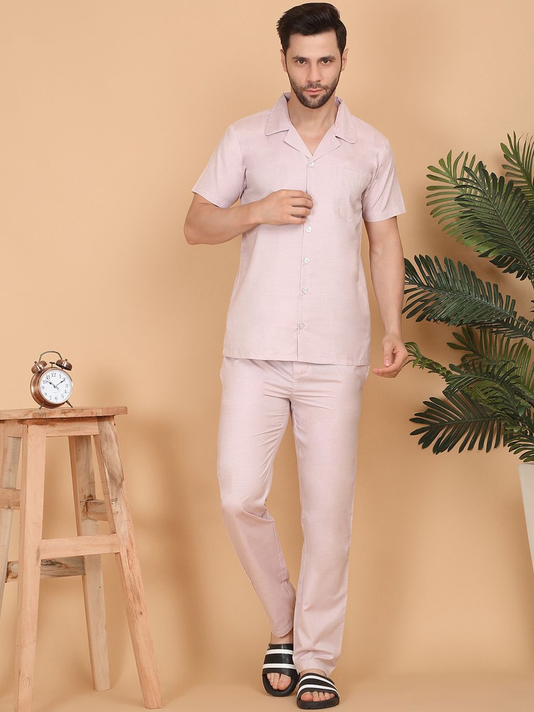 

Sweet Dreams Men Lapel Collar Night suit, Pink