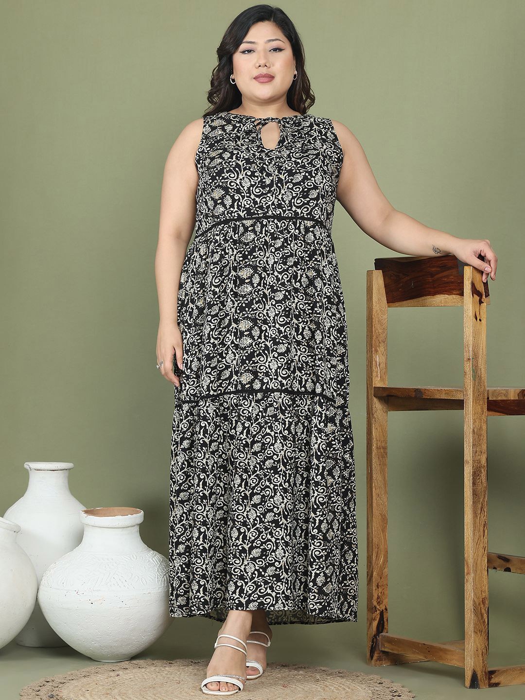 

theRebelinme Floral Print Tie-Up Neck A-Line Maxi Dress, Black