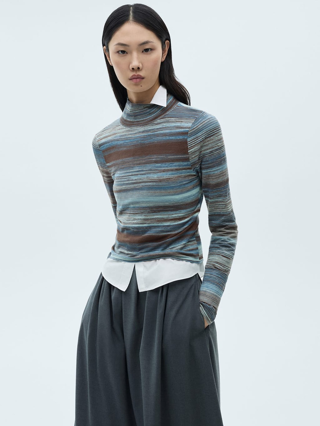 

MANGO Striped High Neck Pullover, Blue