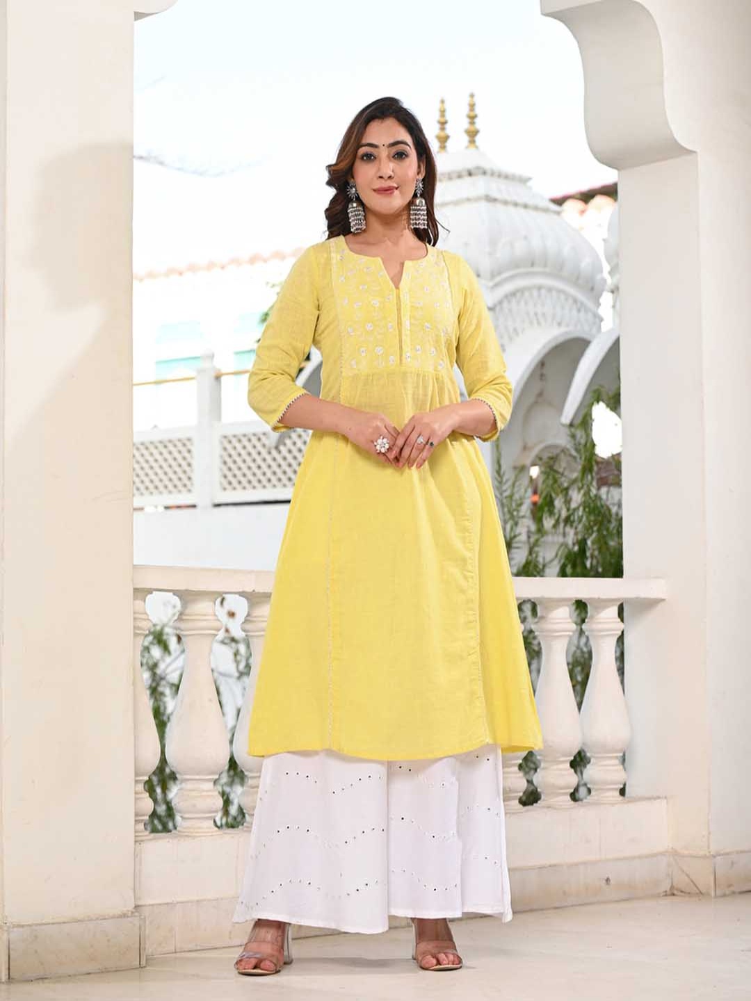 

Moda Rapido Notch Neck Floral Embroidered Pleated A-Line Kurta, Yellow
