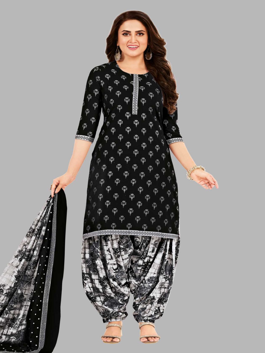 

Simmu Printed Pure Cotton Unstitched Dress Material, Black