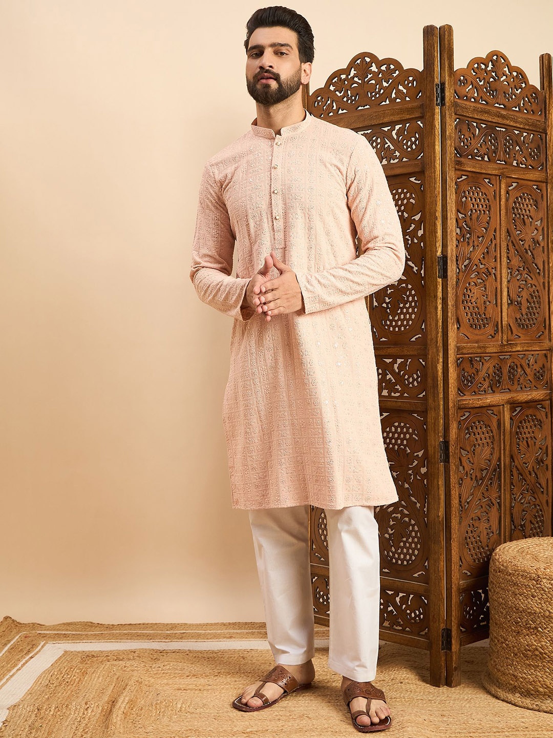 

SWAGG INDIA Floral Embroidered Mandarin Collar Thread Work Straight Kurta, Beige