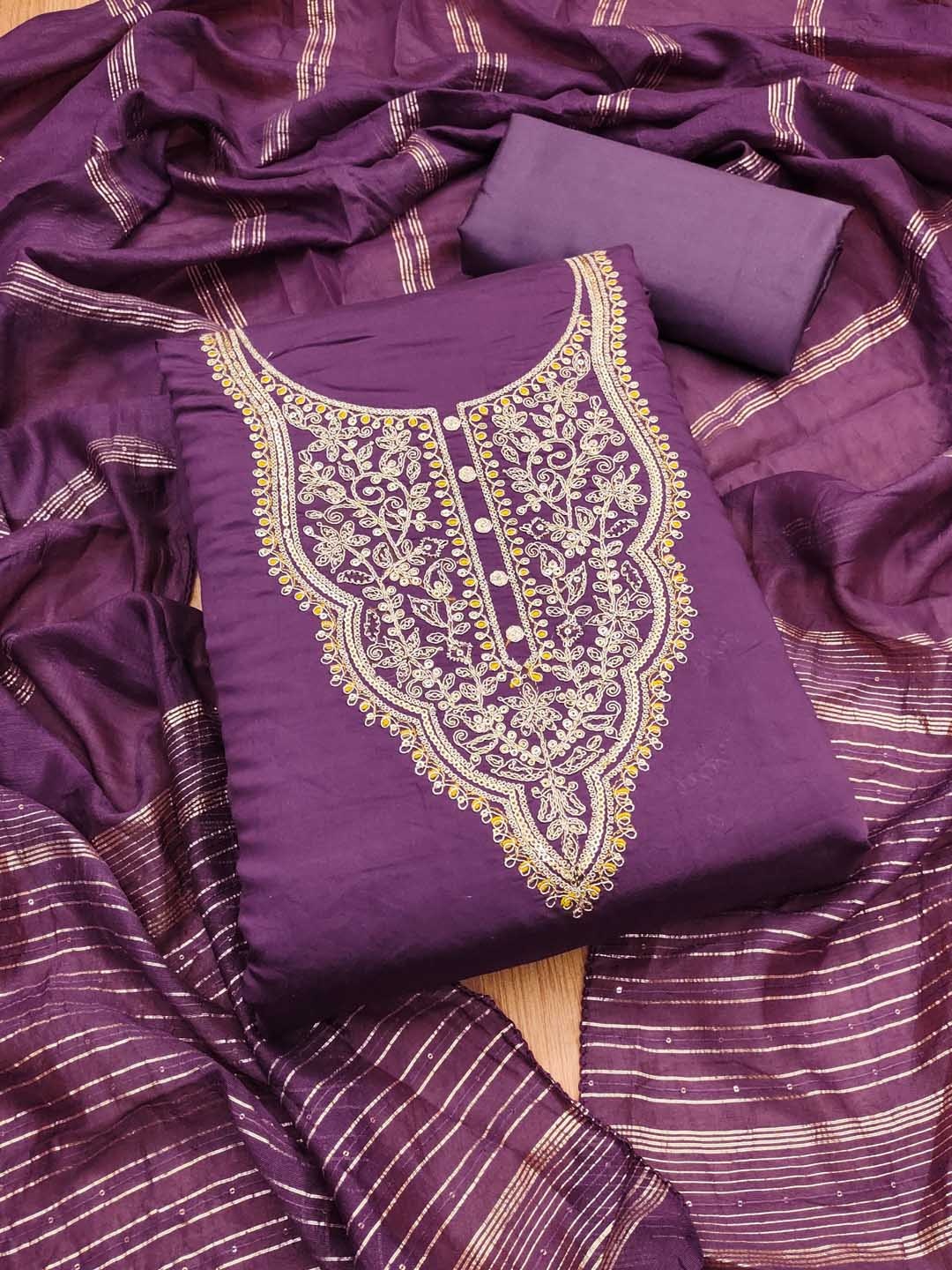 

KALINI Floral Embroidered Yoke Design Cotton Unstitched Dress Material, Purple