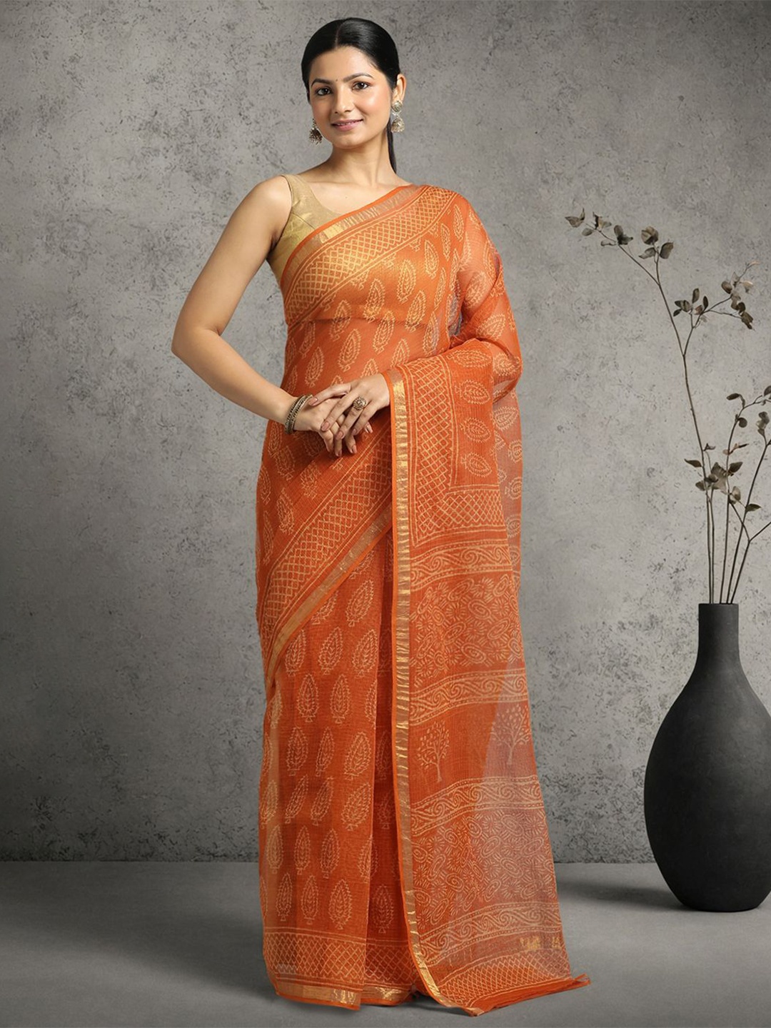 

Suha Bagh Zari Pure Cotton Kota Saree, Orange