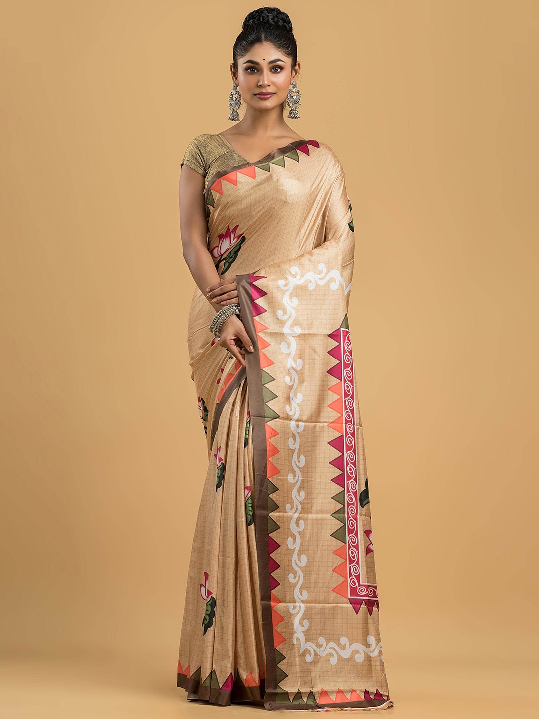 

Dheu Kalamkari Digital Printed Block Print Saree, Beige