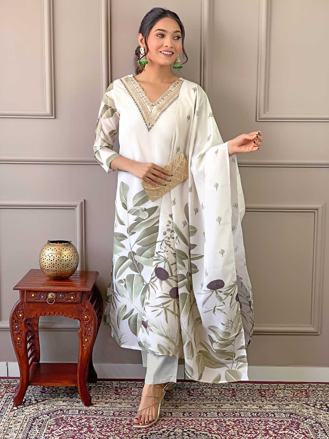 

SHOPONBIT Floral Printed V-Neck Thread Work Straight Kurta With Trouser & Dupatta, Green