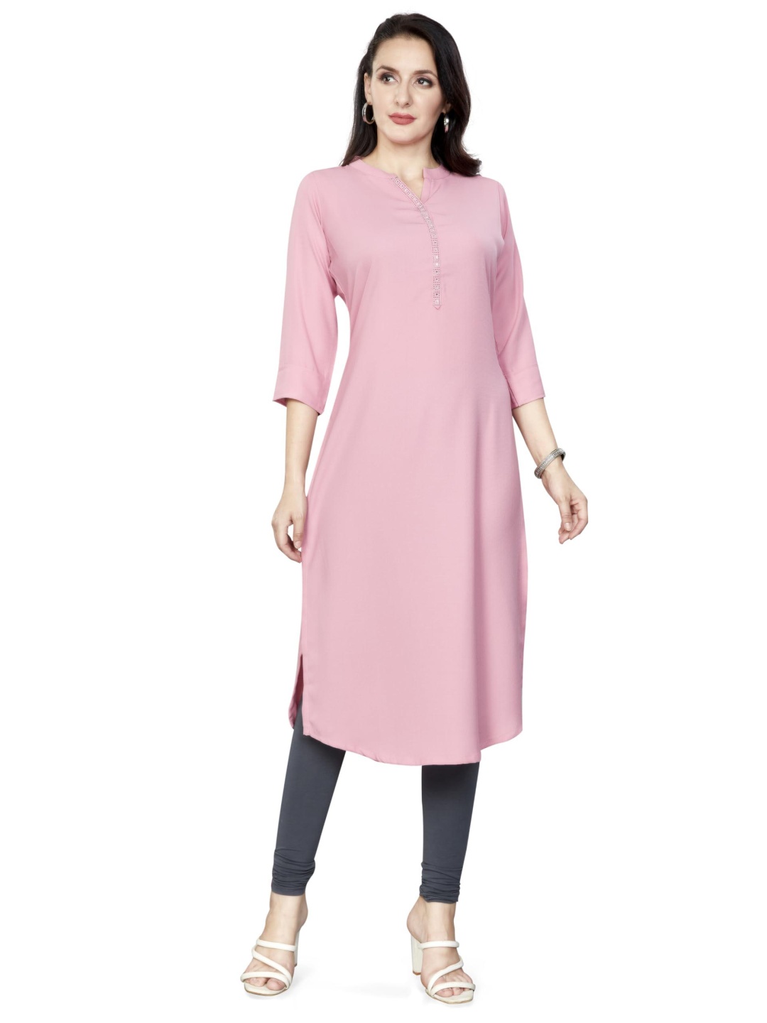 

Nioni Swarovski Mandarin Collar Dobby Linen Straight Kurta, Pink