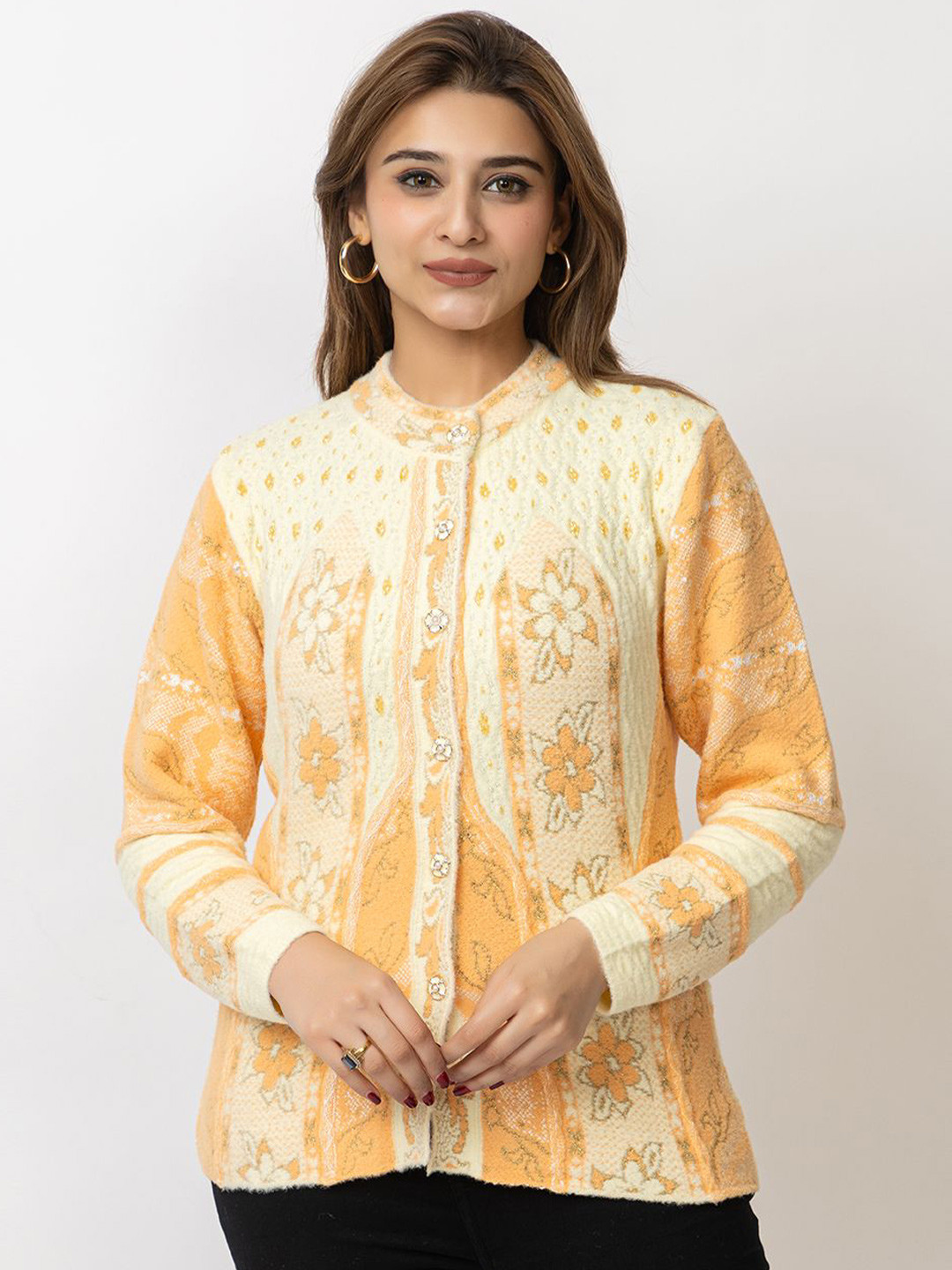 

Lady Leaf Women Floral Round Neck Long Sleeves Cardigan, Orange
