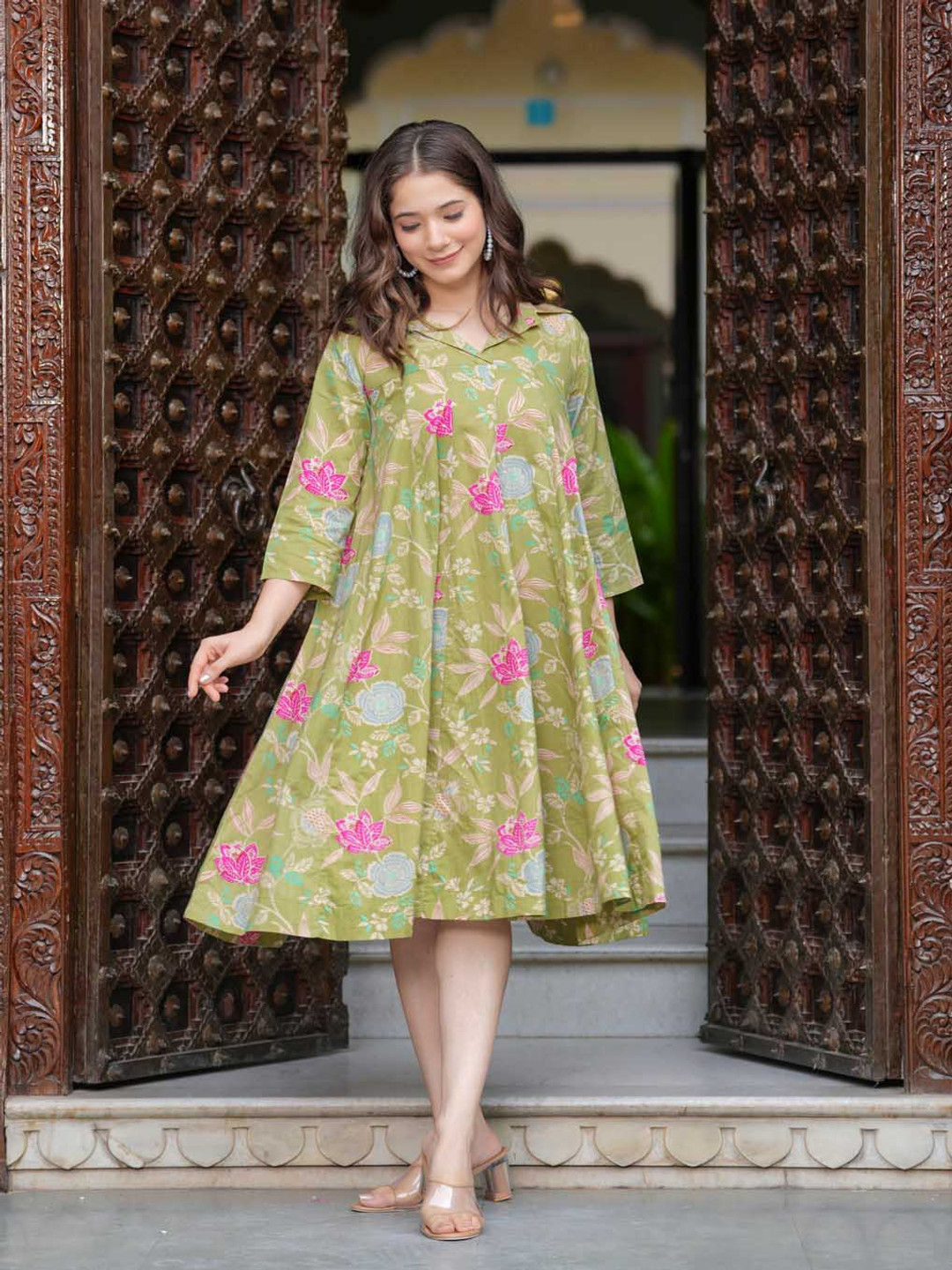 

Jollity Floral Printed A-Line Midi Dress, Green