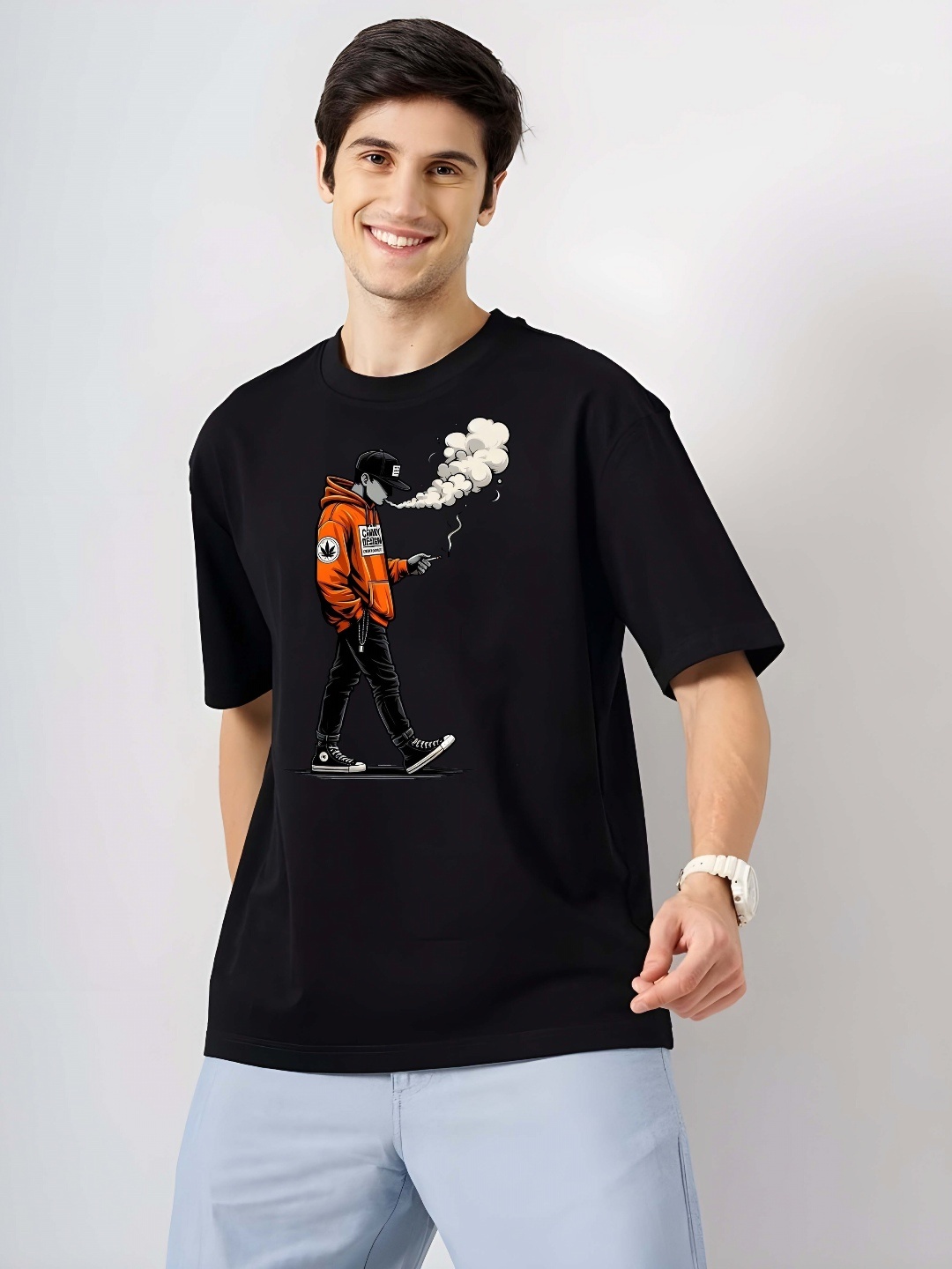

Krimmple Men Drop-Shoulder Sleeves Pure Cotton T-shirt, Black
