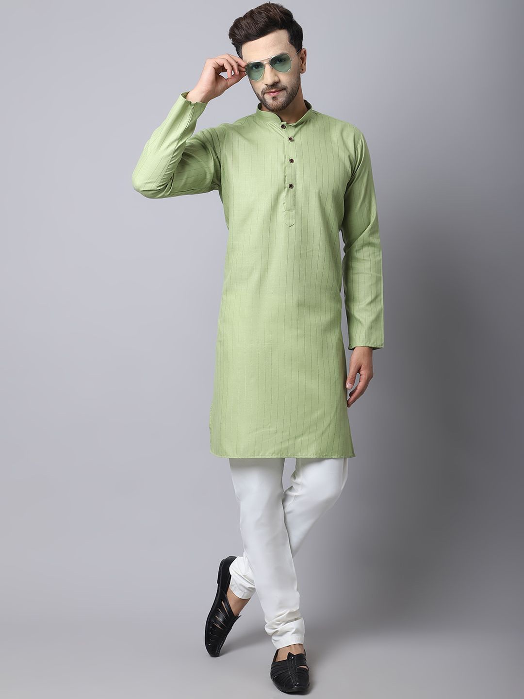 

Kaifoo Woven Design Band Collar Cotton Straight Kurta, Green