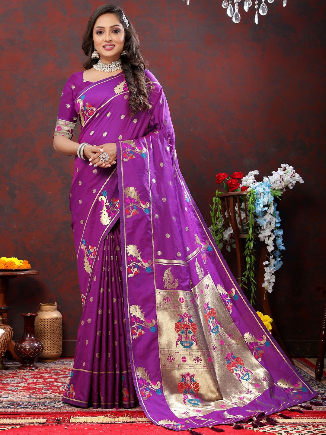 

LeeliPeeri Designer Woven Design Zari Silk Blend Paithani Saree, Purple