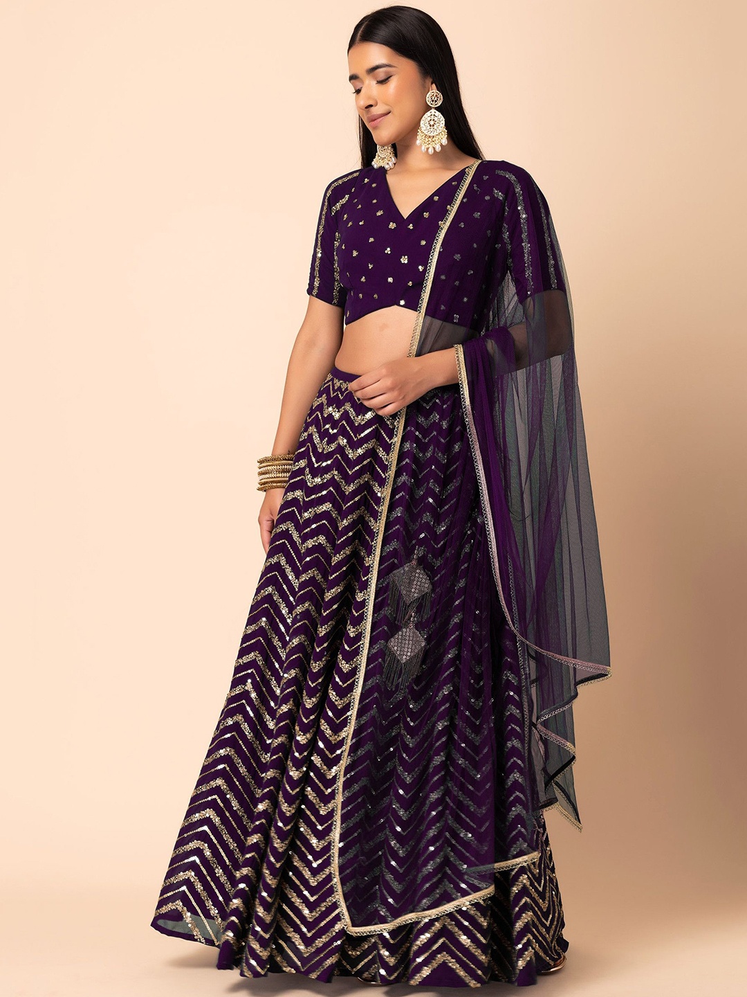 

FABPIXEL Embroidered Sequinned Semi-Stitched Lehenga & Unstitched Blouse With Dupatta, Purple