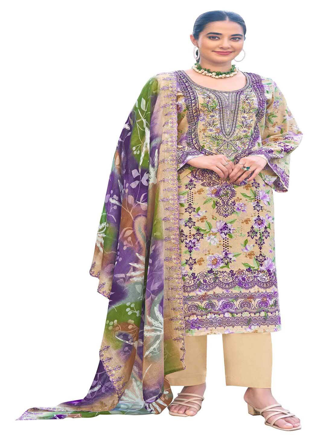

DRAVINAM Trends Floral Embroidered Pure Cotton Unstitched Dress Material, Beige