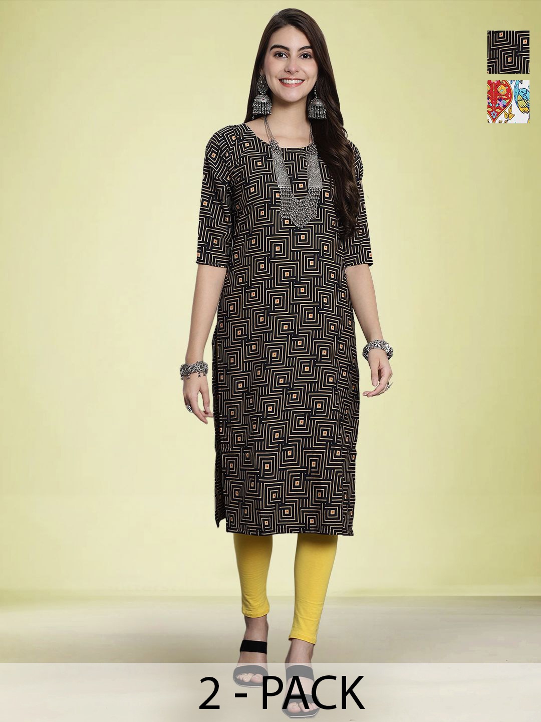 

Moda Rapido Selection Of 2 Geometric Printed Round Neck Straight Kurtas, Black