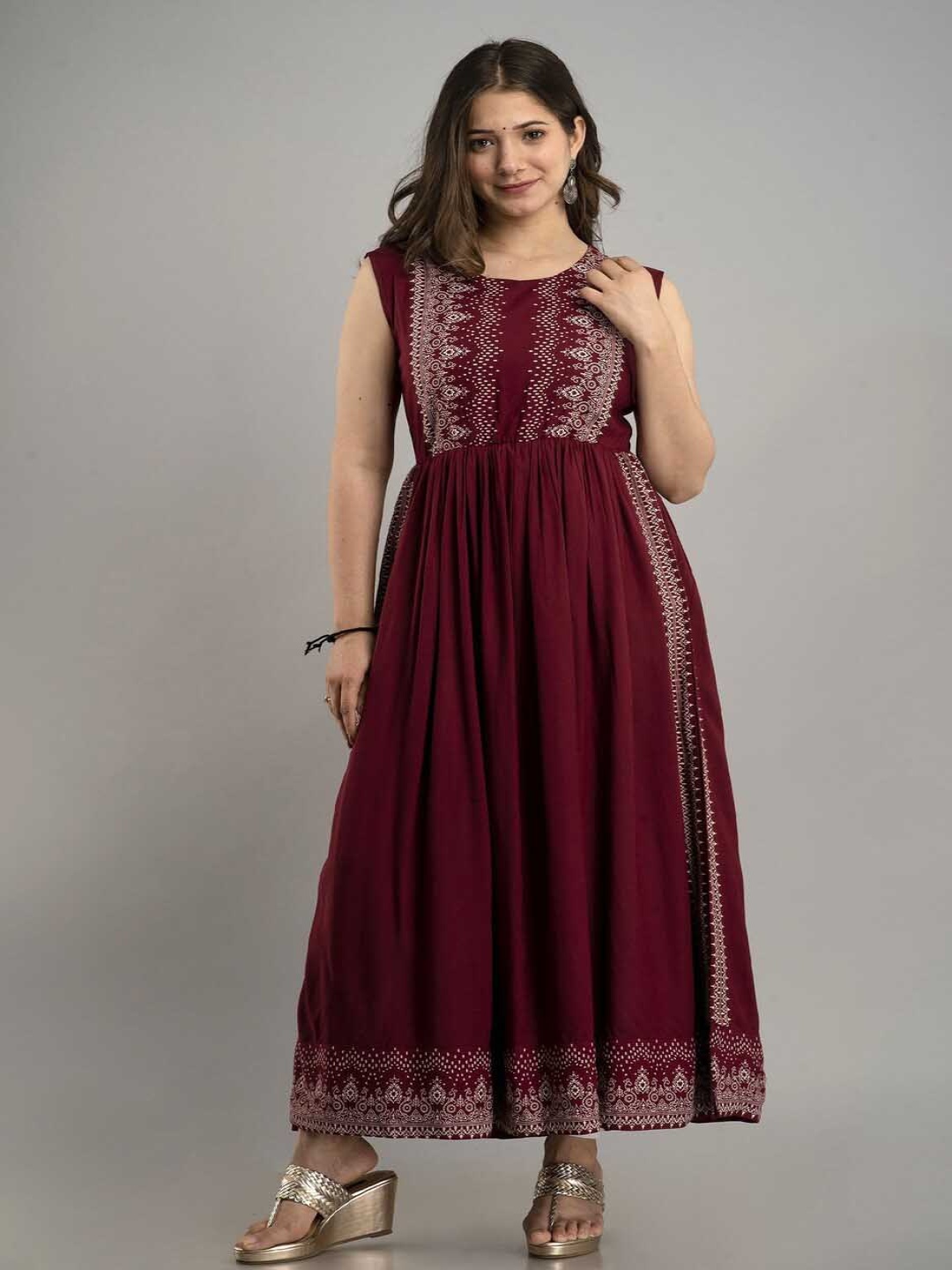 

UNIFY FASHION Ethnic Motifs Printed Round Neck Sleeveless A-Line Kurta, Maroon