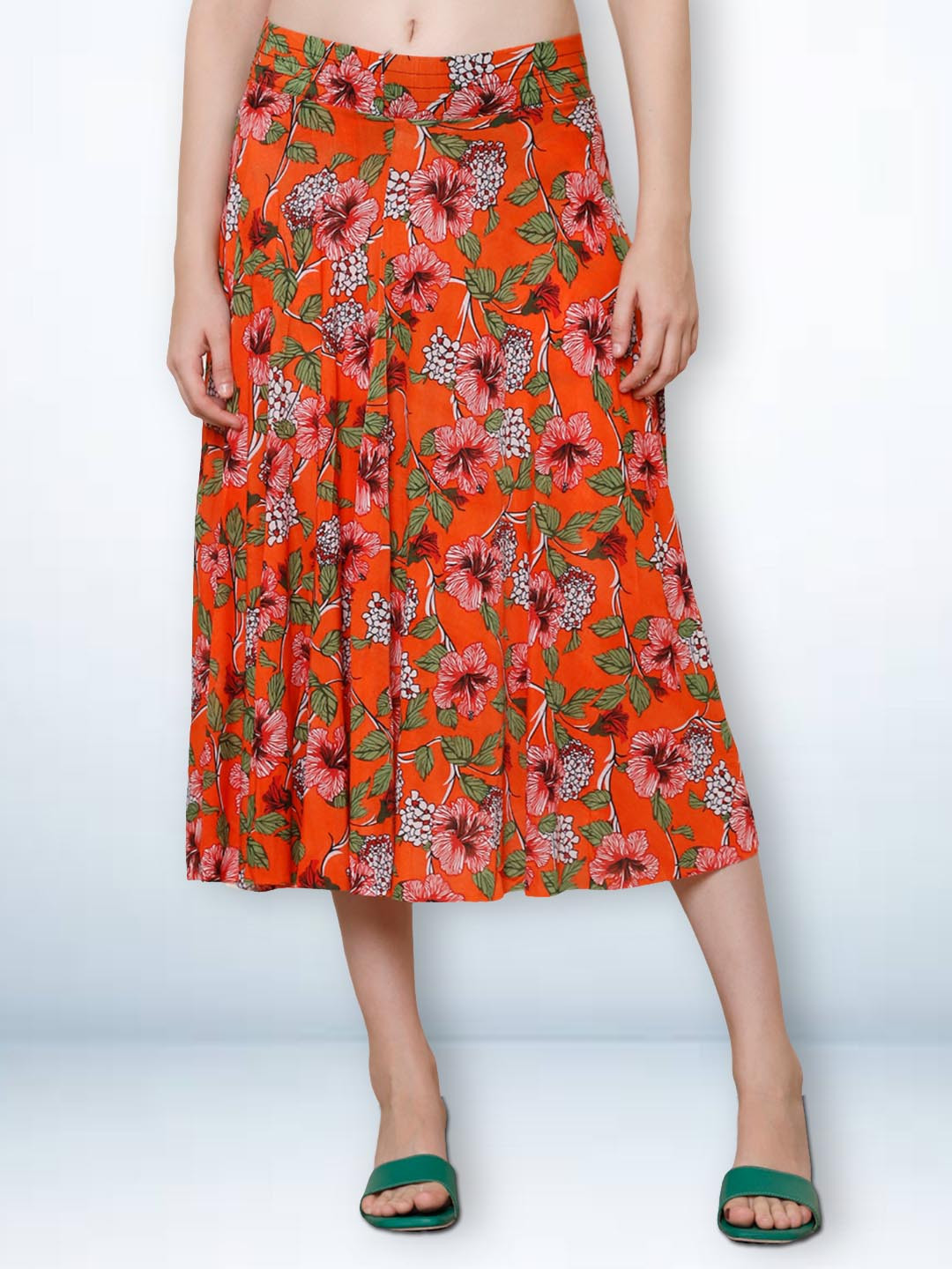 

Jinfo Women Floral Printed Flared Midi Skirt With Inner Shorts, Orange