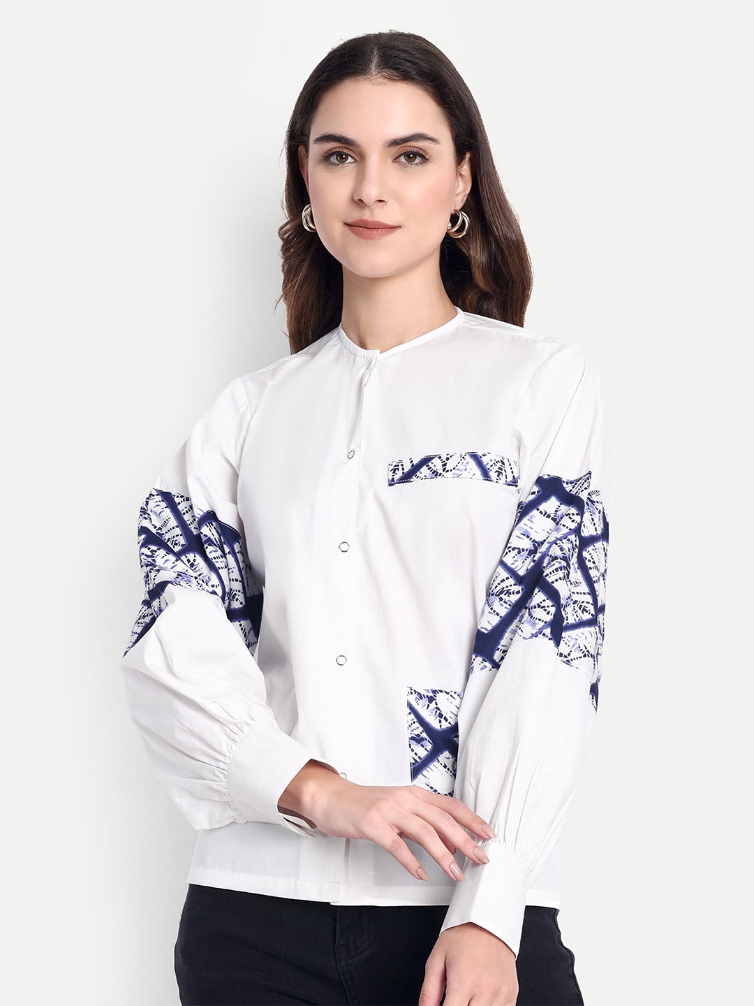 

GAB Women Classic Abstract Printed Collarless Cotton Casual Shirt, White