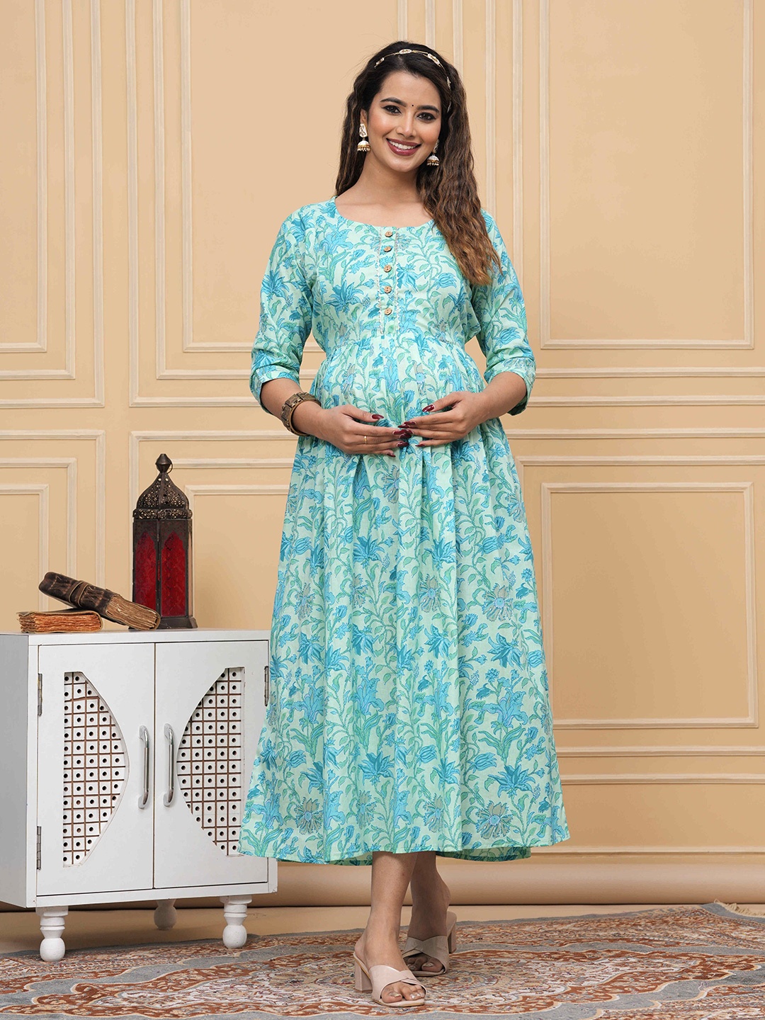 

UrbanRang Printed Cotton Maternity Fit & Flare Midi Dress, Turquoise blue