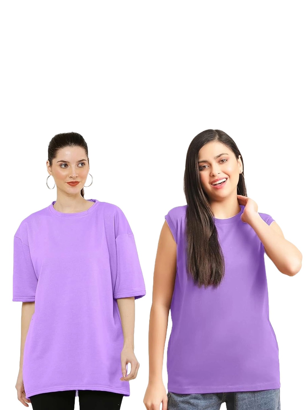 

NOTWILD Women Pack Of 2 Solid Round Neck Cotton Oversized T-shirts, Lavender