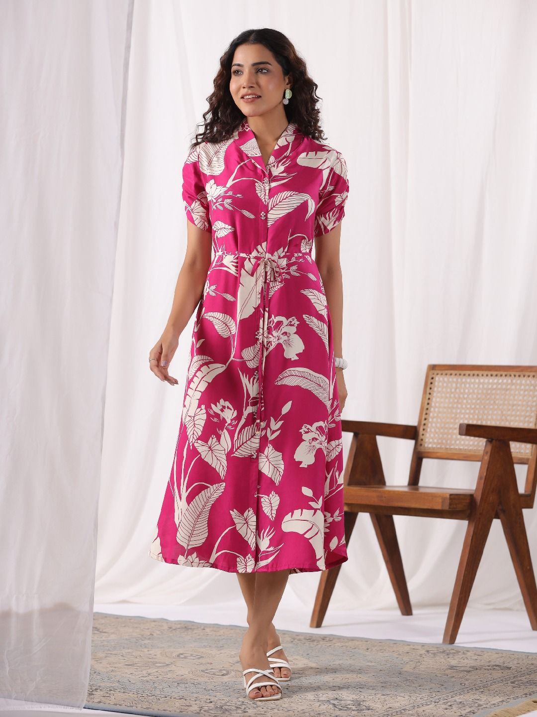 

Kaftanize Women Shirt Collar Velvet A-Line Midi Dress, Pink