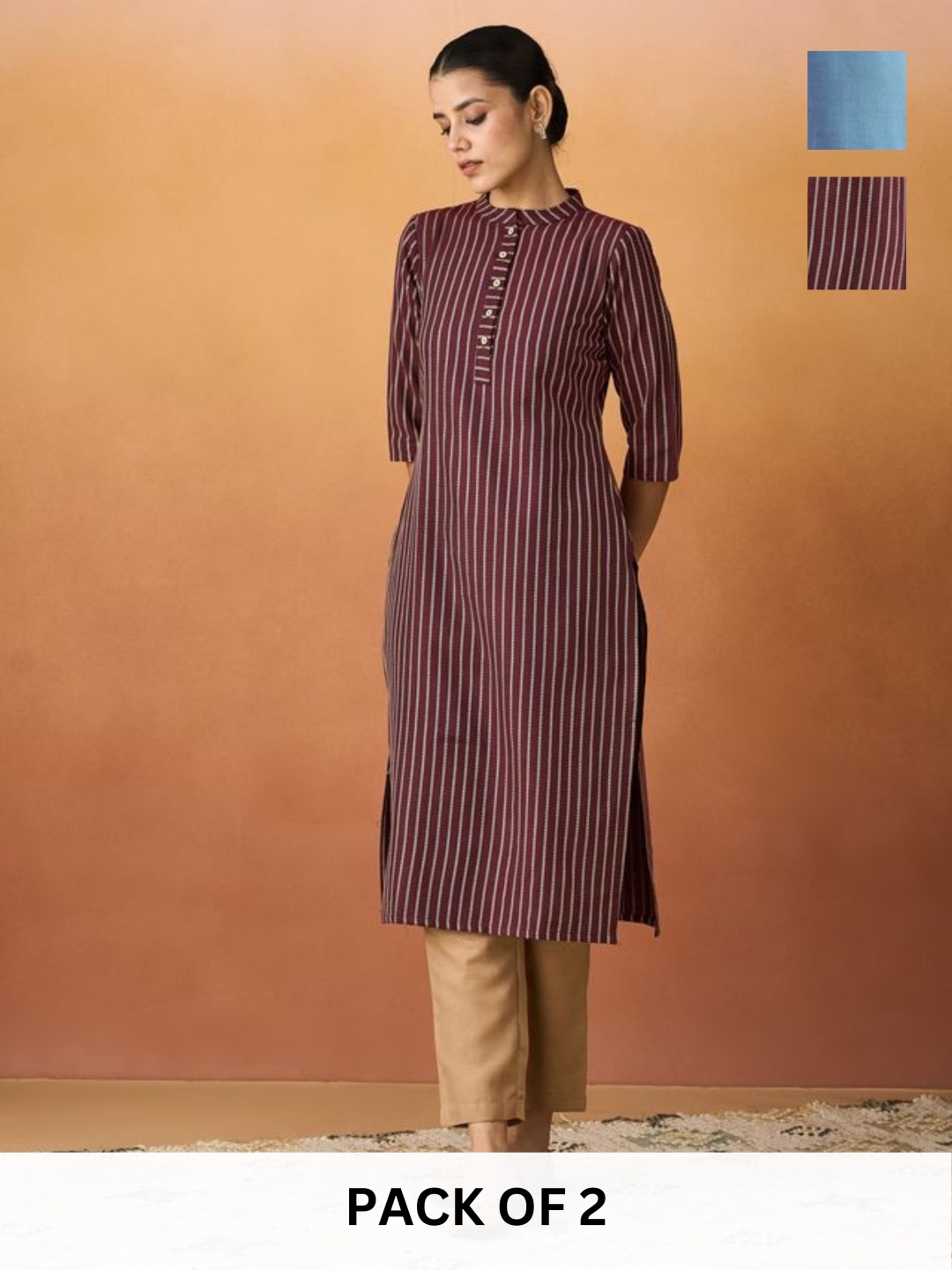 

KALINI Selection Of 2 Striped Mandarin Collar Straight Kurtas, Maroon