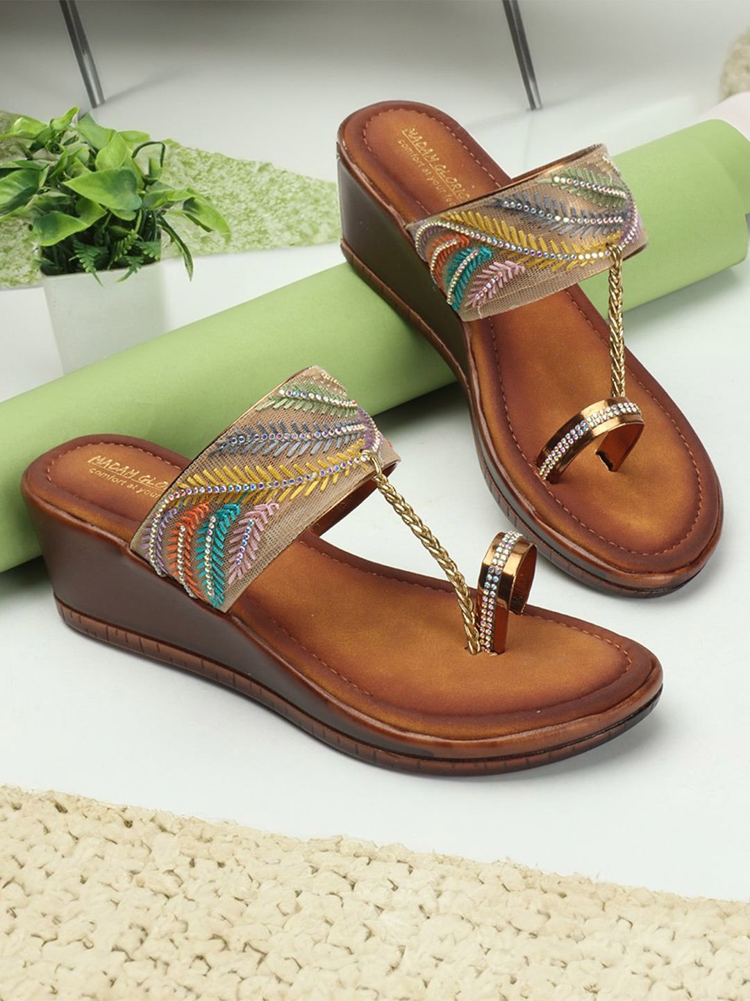 

madam glorious Women Woven Design Ethnic Wedge Sandals, Copper