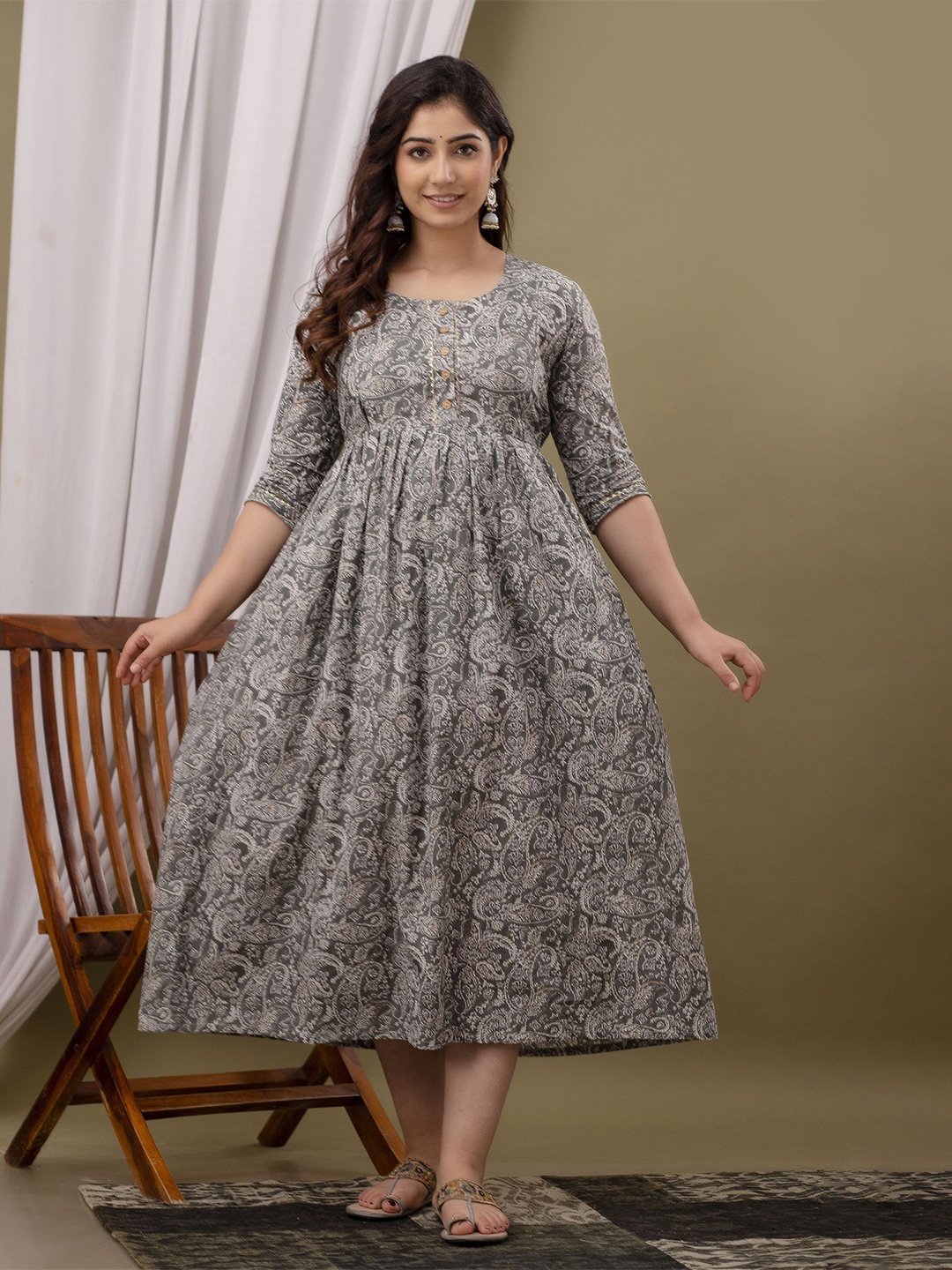 

UrbanRang Floral Printed Maternity Fit and Flare Midi Dress, Grey