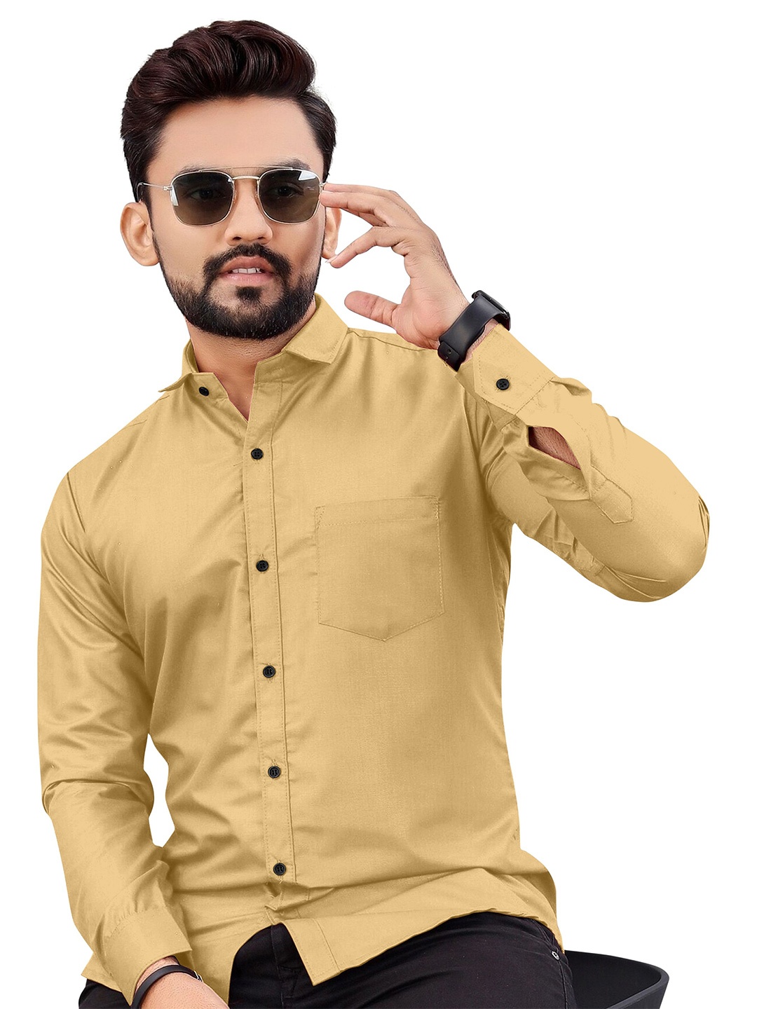 

IKON FASHION Men Original Fit Spread Collar Solid Cotton Casual Shirt, Yellow