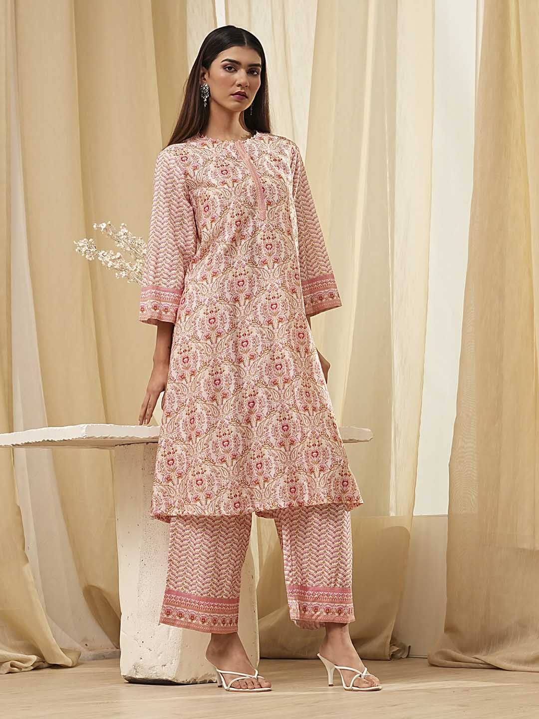 

Biba Women Floral Printed Regular Kurta with Palazzos, Pink