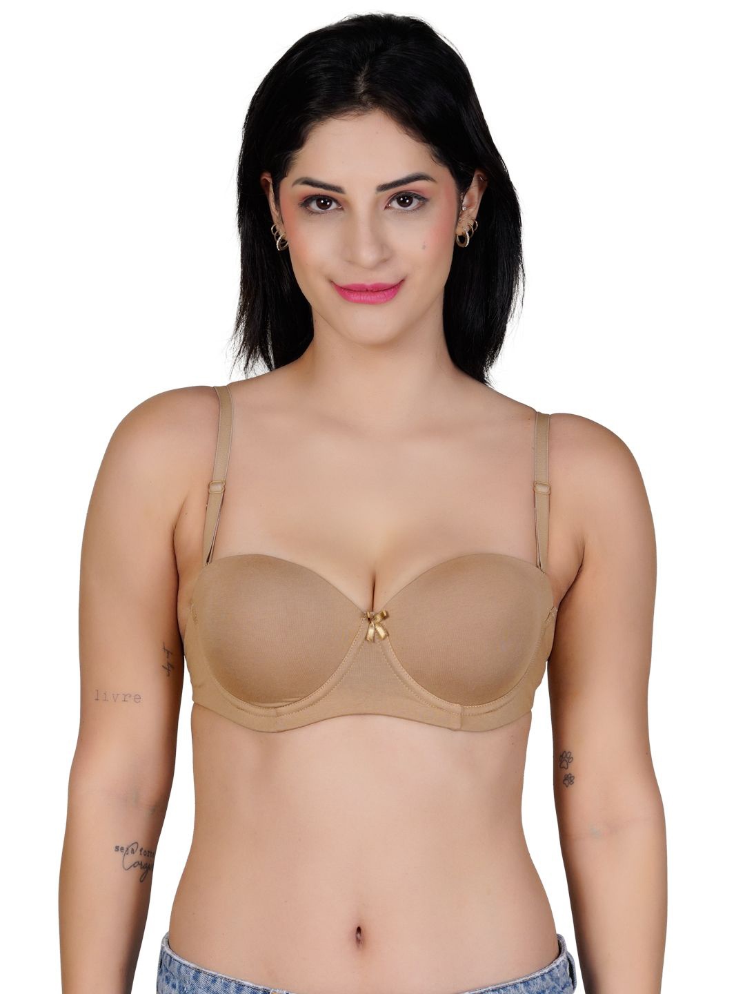 

LACYLUXE Cotton Medium Coverage Underwired Transparent Back Lightly Padded T-shirt Bra, Beige