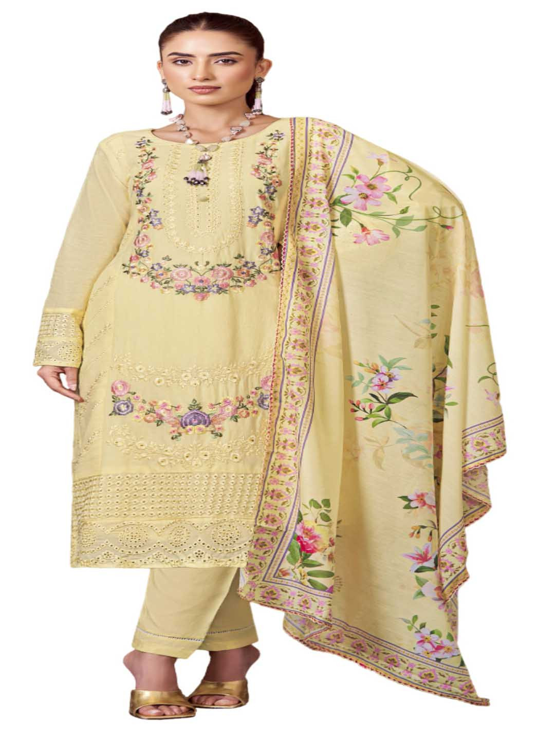 

DRAVINAM Trends Floral Embroidered Pure Cotton Unstitched Dress Material, Yellow