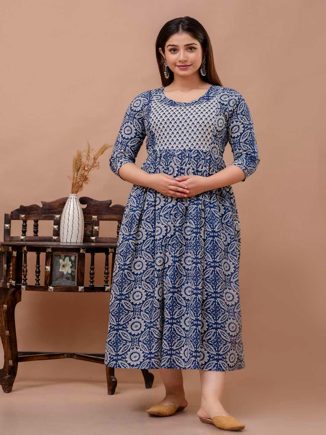 

Nevisha Style Women Floral Printed Thread Work Floral Maternity Anarkali Kurta, Blue