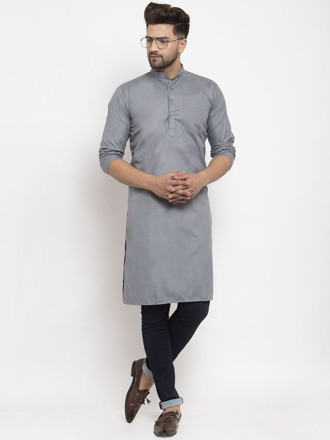 

Kaifoo Band Collar Straight Kurta, Grey
