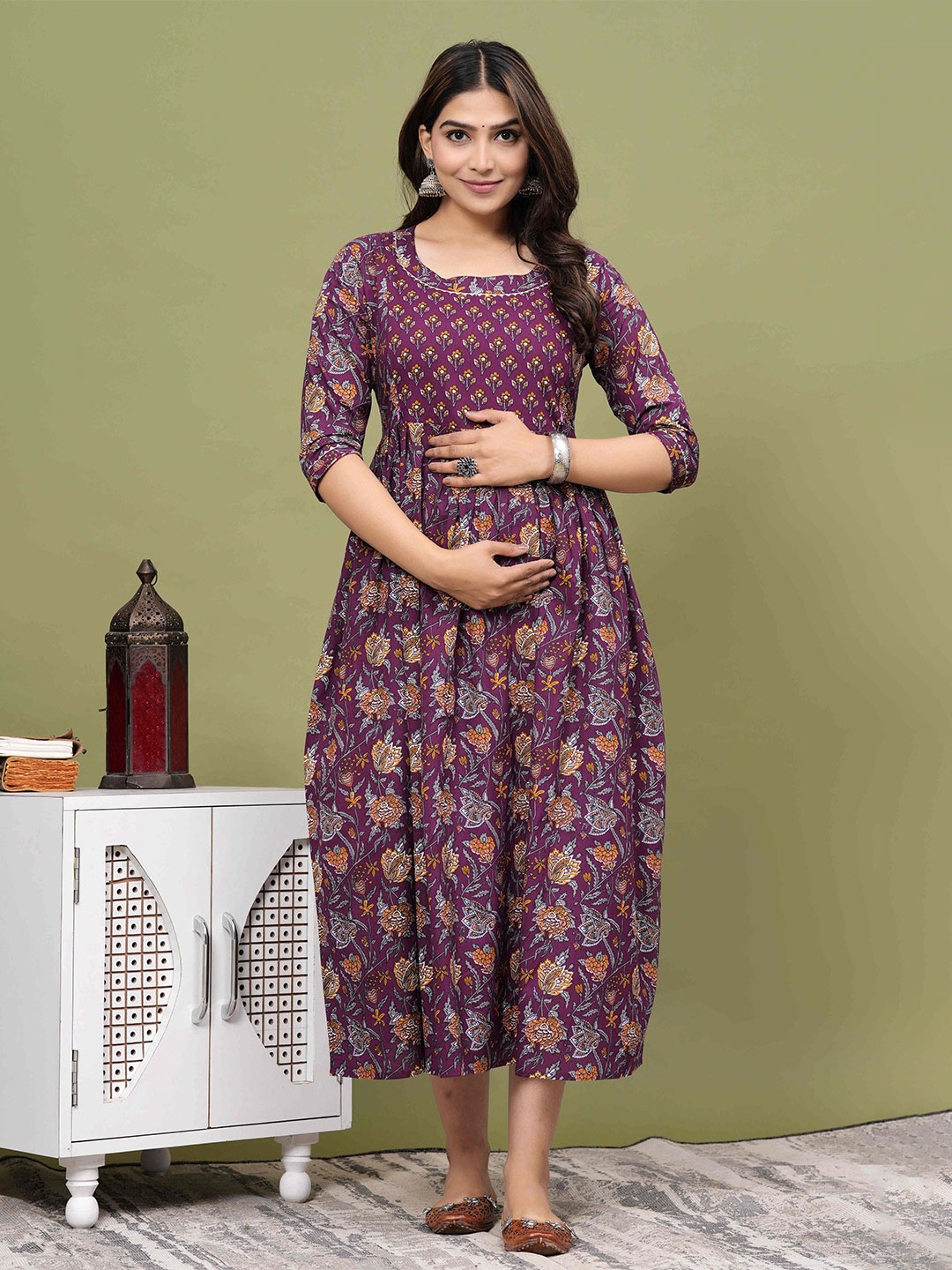 

UrbanRang Women Floral Printed Cotton Maternity Gown Midi Dress, Burgundy