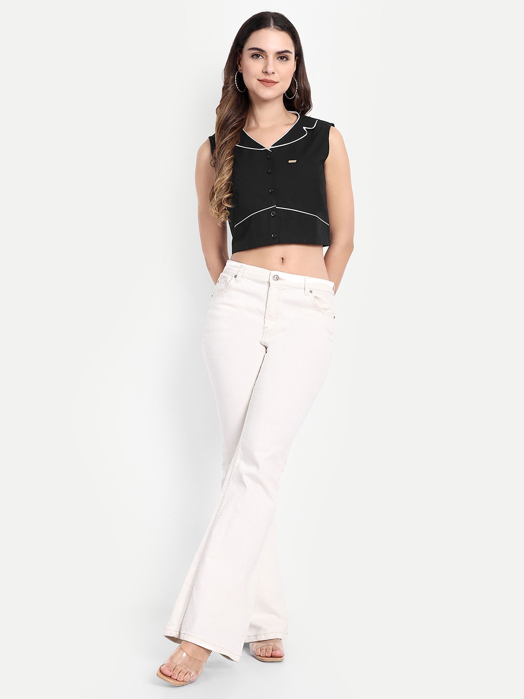 

GAB Women Peter Pan Collar Cotton Fitted Crop Top, Black