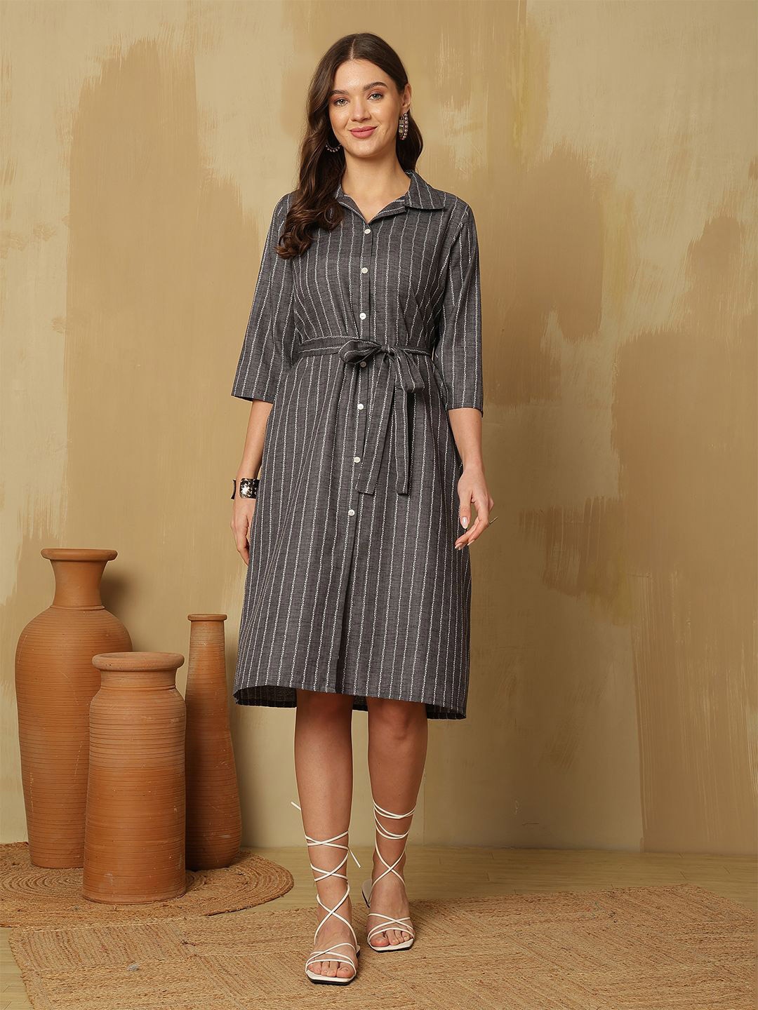 

Anouk Women Striped Shirt Knee Length Dress, Grey