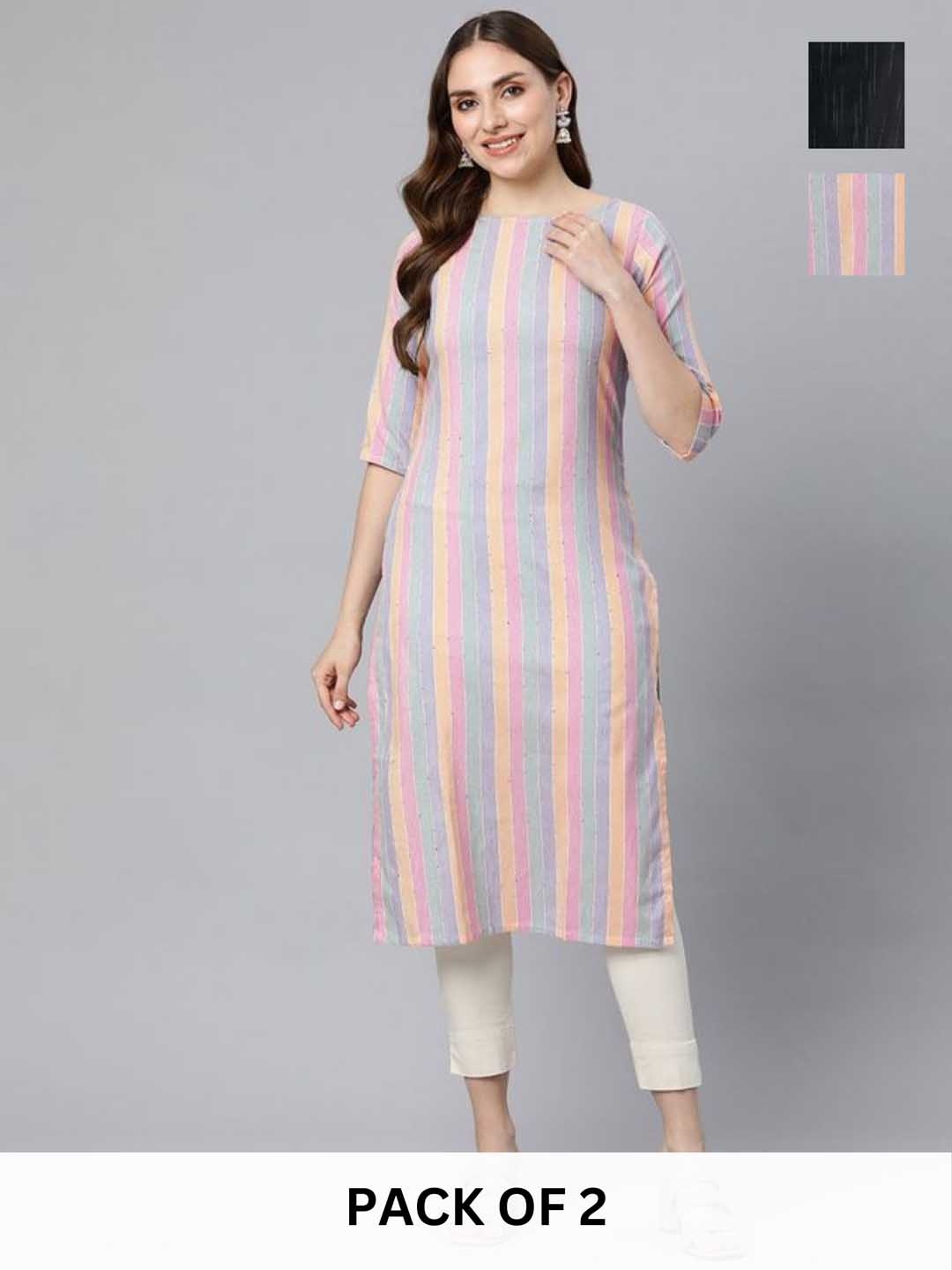 

KALINI Selection Of 2 Striped Round Neck Straight Kurtas, Pink