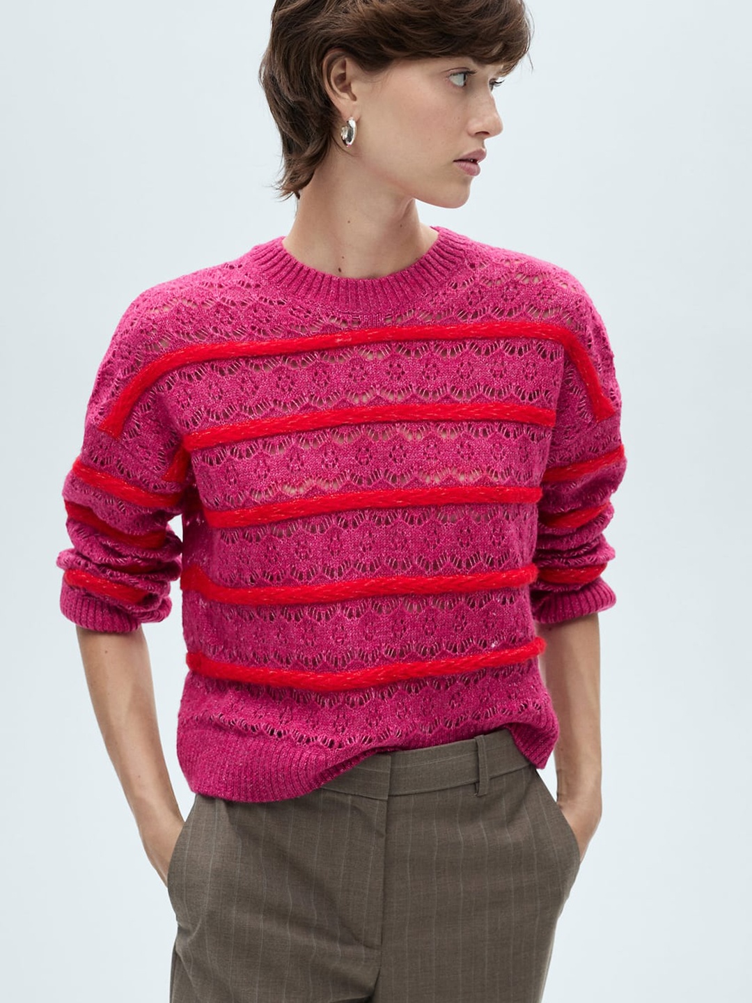 

MANGO Open Knit Striped Pullover, Pink