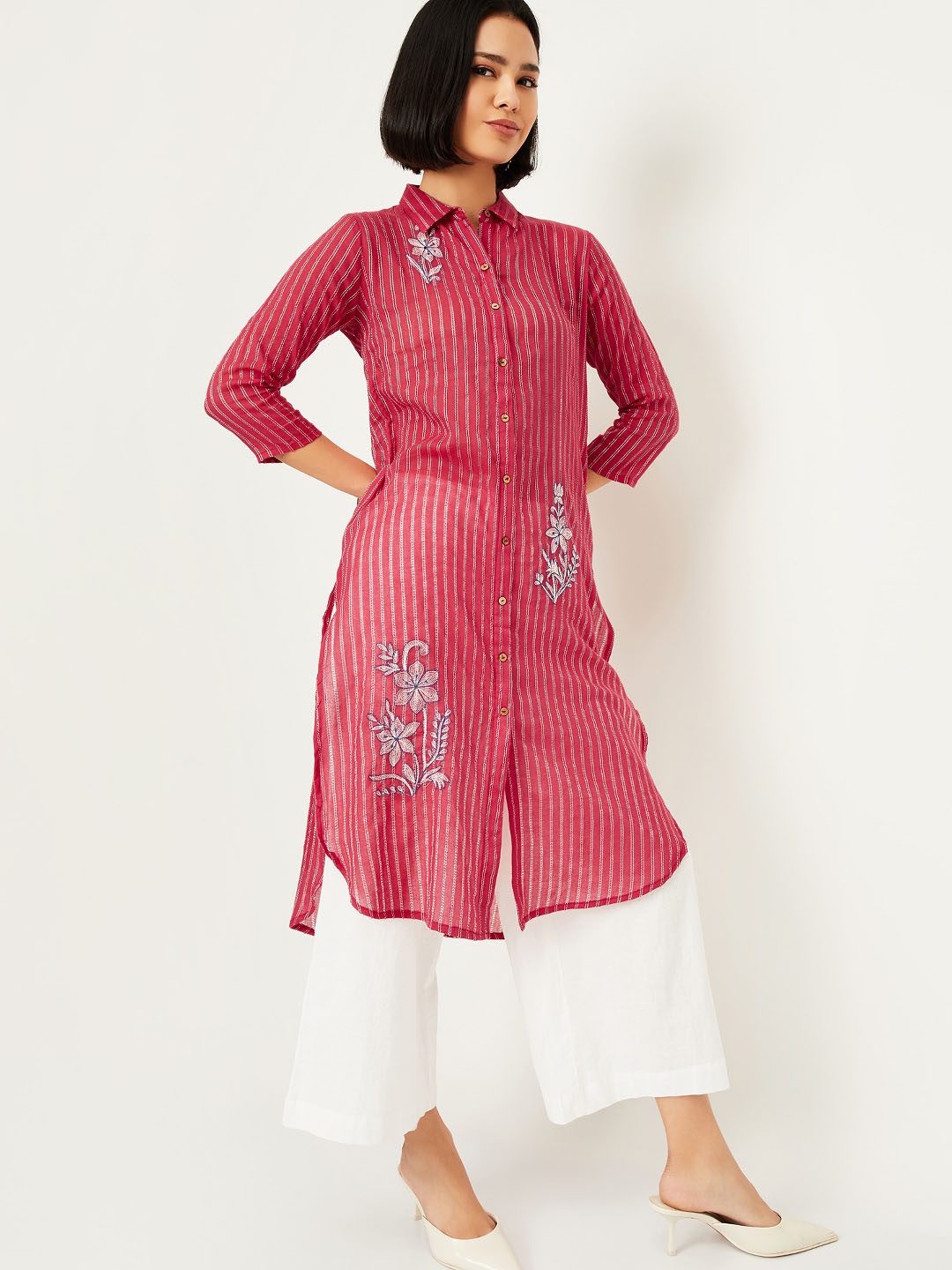

max Striped Thread Work Shirt Collar Pure Cotton A-Line Kurta, Red