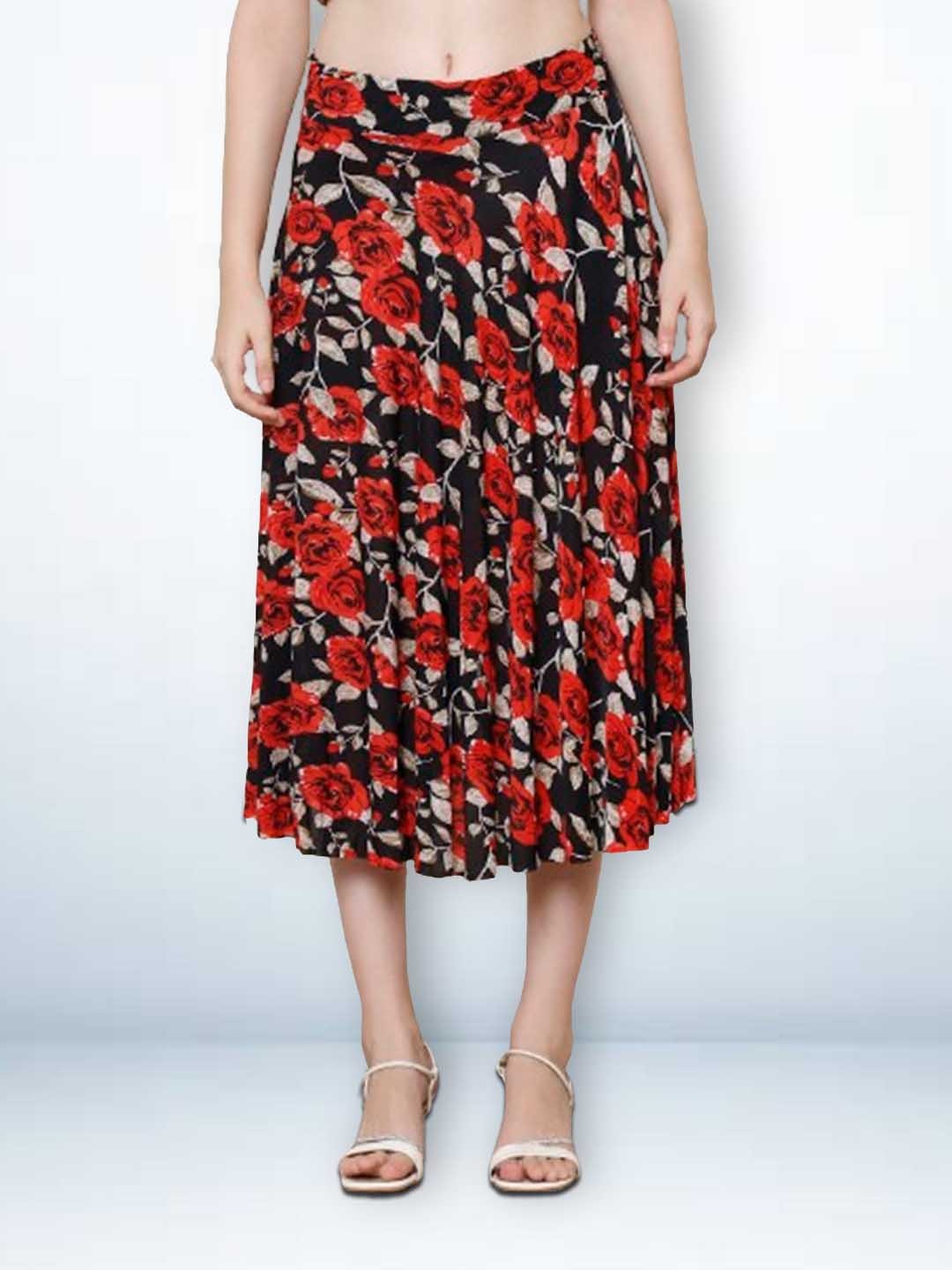 

Jinfo Women Printed Flared Midi Skirt with inner short, Black