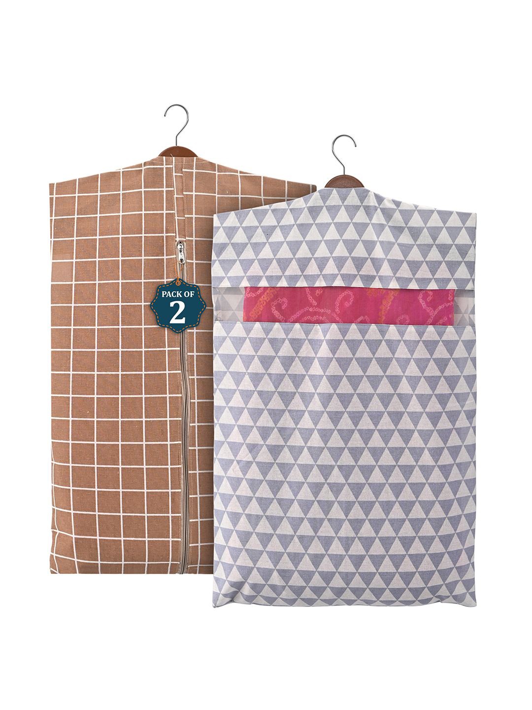 

Kuber Industries Brown Set of 2 Checked Mesh Cotton Multi-Utility Hanging Organisers