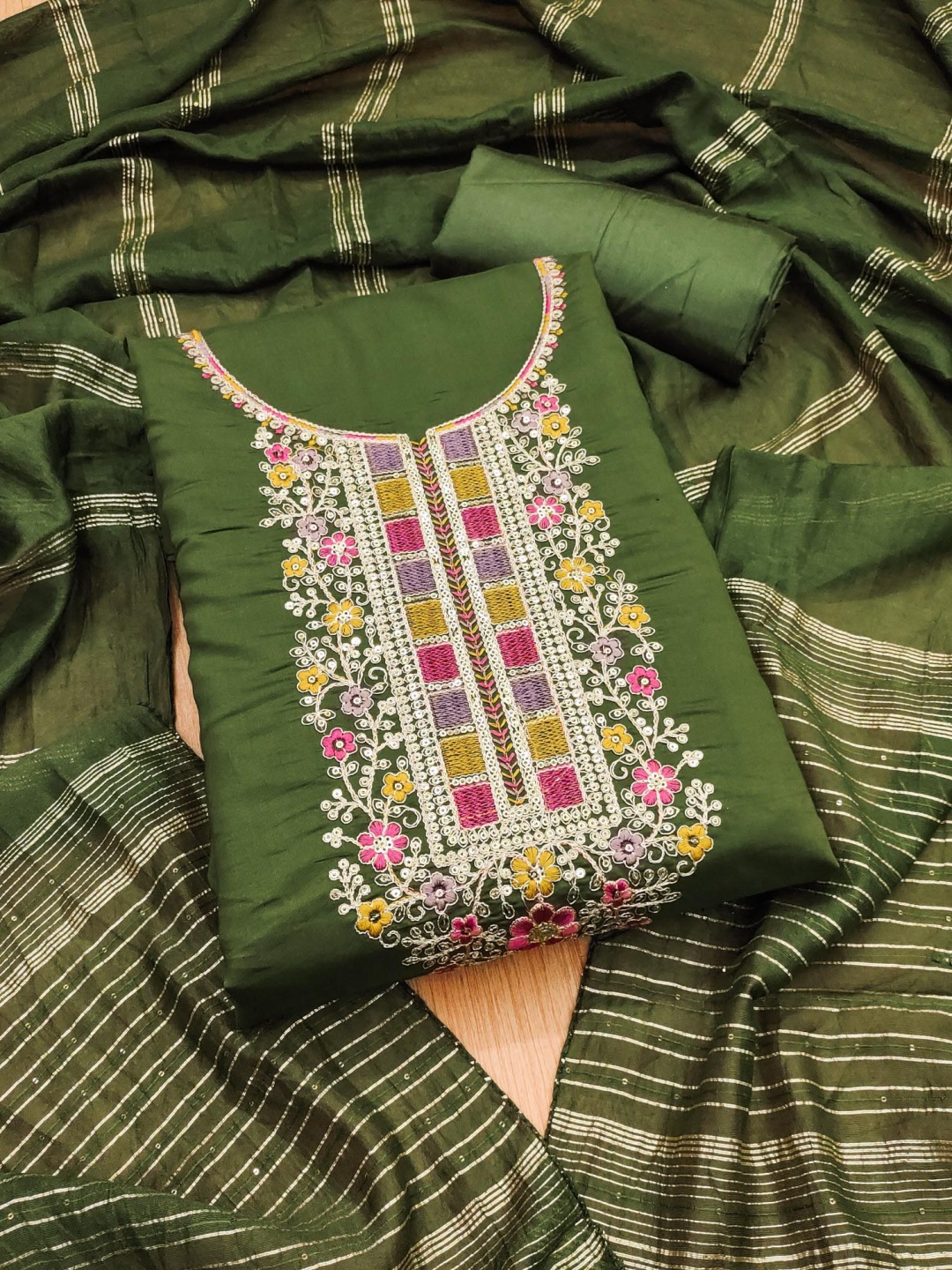 

Panzora Floral Embroidered Cotton Blend Unstitched Dress Material, Green