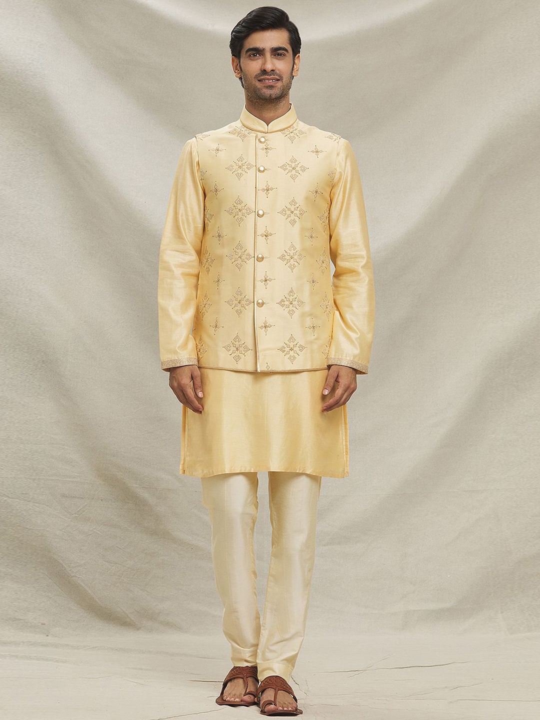 

Arihant Rai Sinha Men Ethnic Motifs Embroidered Regular Chanderi Silk Kurta with Trousers, Beige