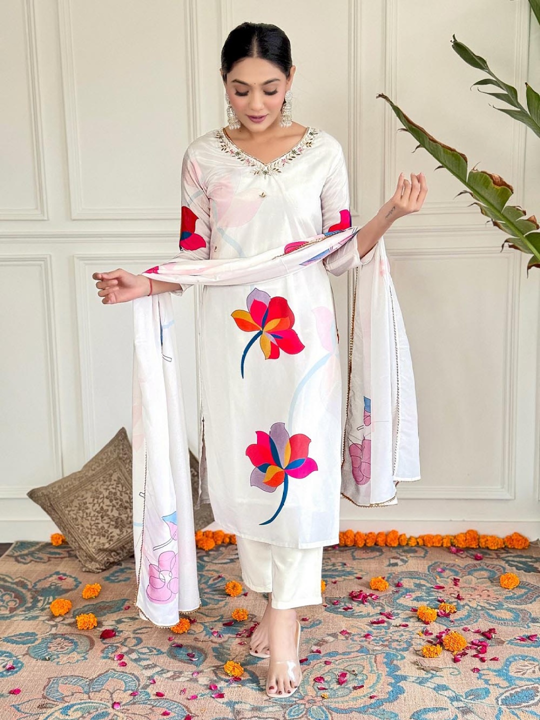 

SHOPONBIT Floral Printed V-Neck Silk Crepe Straight Kurta With Trousers & Dupatta, White