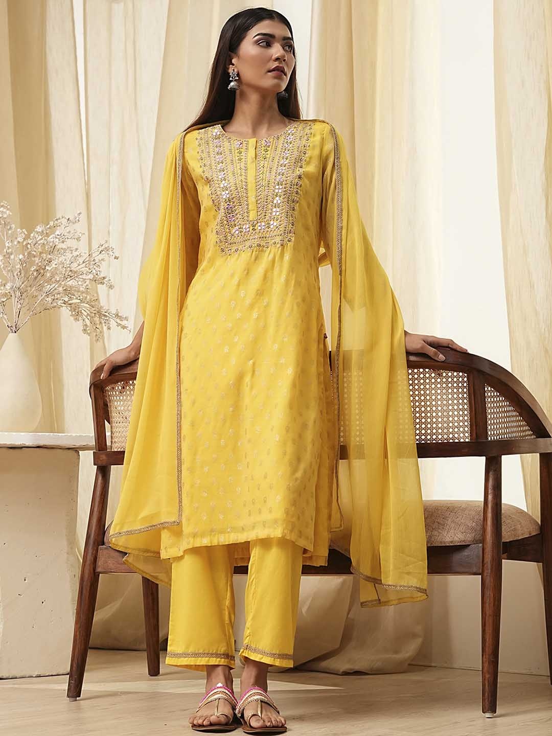 

Biba Women Floral Embroidered Regular Beads and Stones Kurta with Palazzos & With Dupatta, Yellow