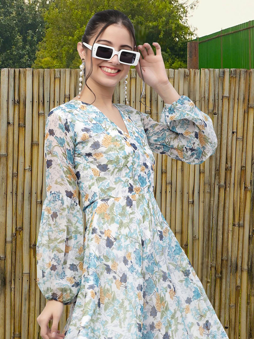 

MISS AYSE Women Floral Printed V-Neck Fit & Flare Dress, White