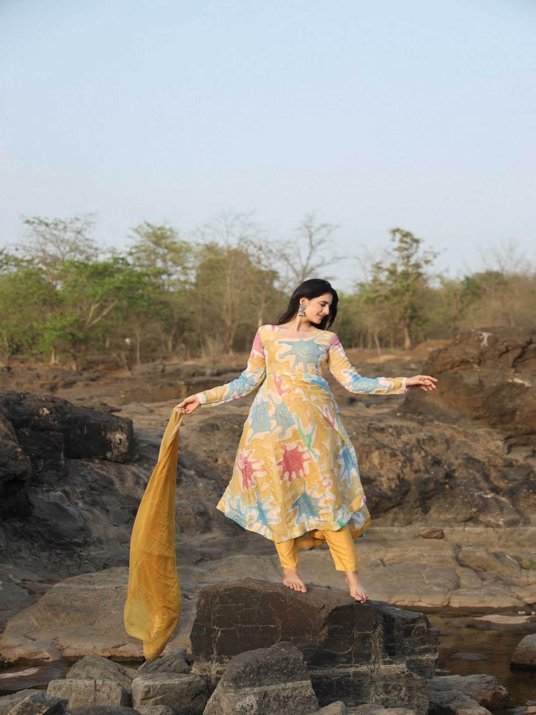 

ZEEPKART Women Ethnic Motifs Printed Empire Kurta with Dhoti Pants & With Dupatta, Yellow