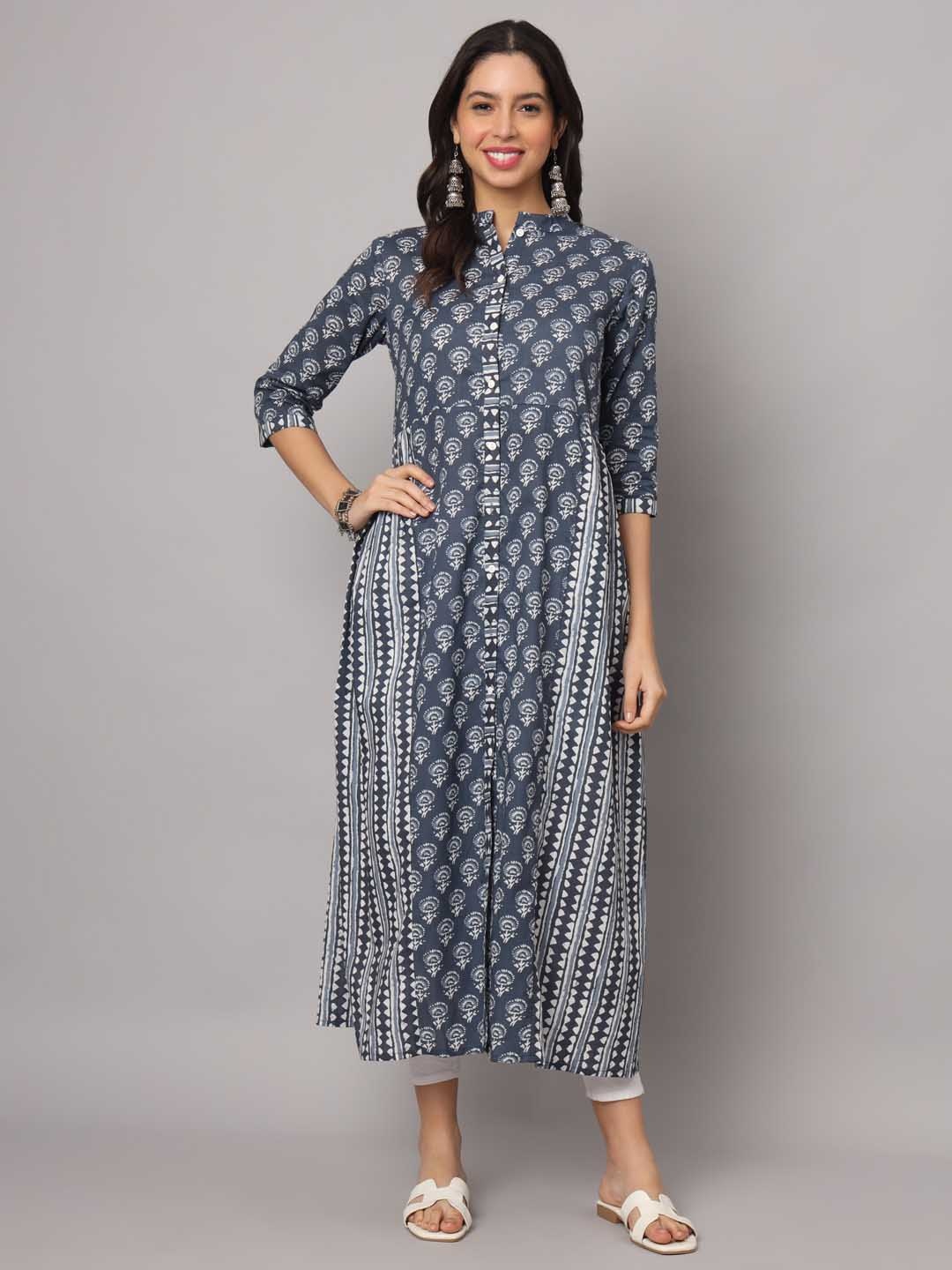 

SUBAGI FASHION Floral Printed Mandarin Collar Pure Cotton Anarkali Kurtas, Grey